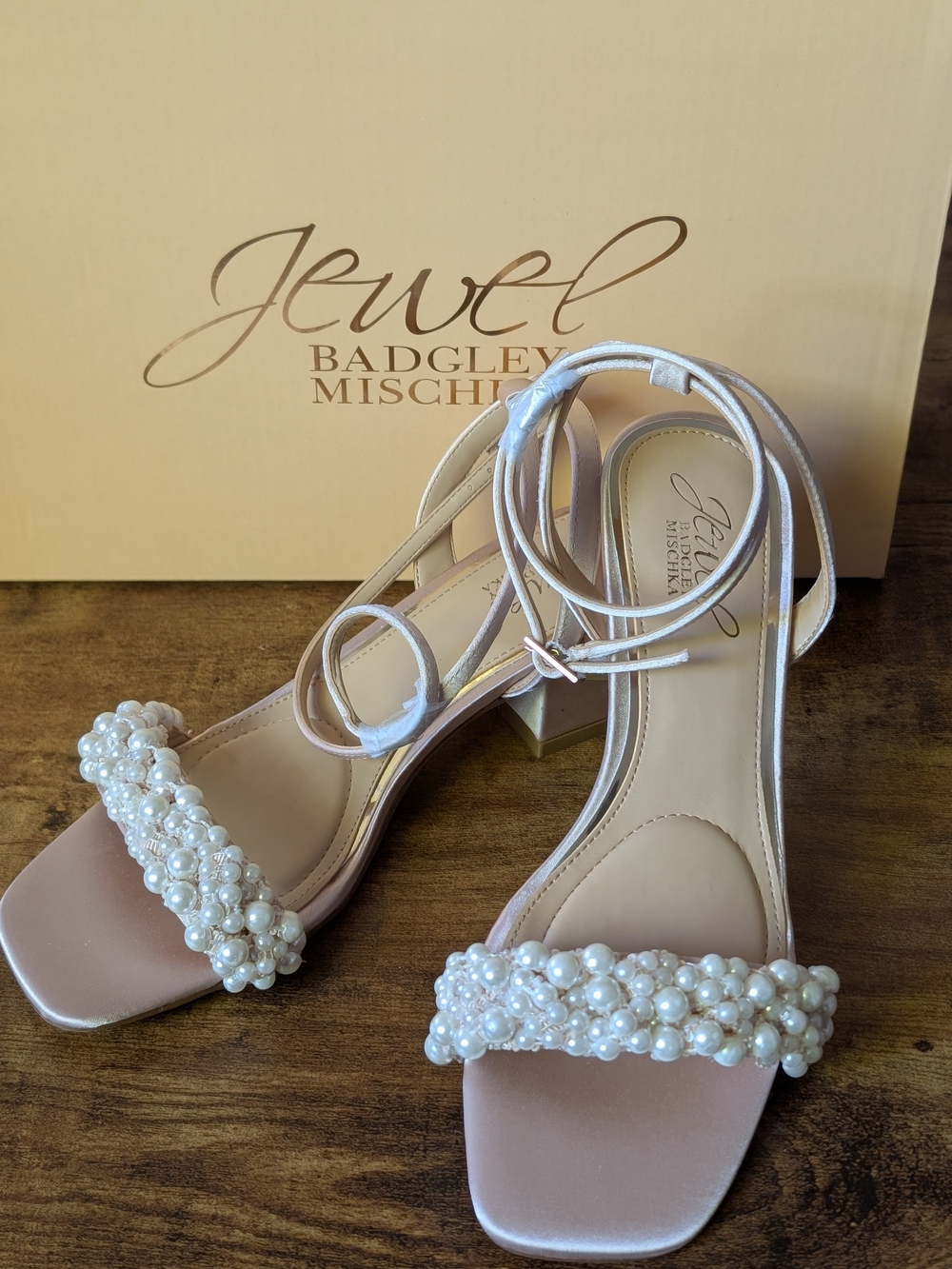 Jewel Badgley Mischka "Payton" Pearl Embellished Pink Block Heel Sandals